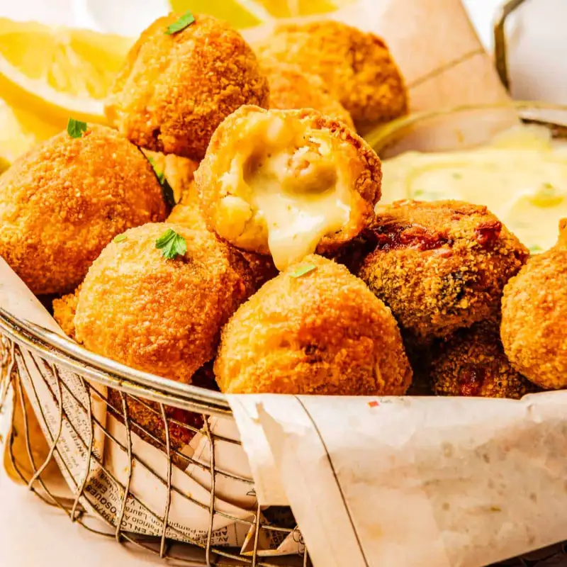 Fried croquettes, Cheddar Jalapeño Peppers, 100% chicken breast Nuggets, Nacho chips