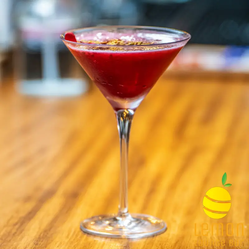 Organic House Cocktail: White Rum, hibiscus flower syrup, lemon juice, vanilla foam